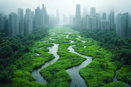 A serene river flows through a vibrant, green landscape adjacent to towering city buildings in fog.の写真素材