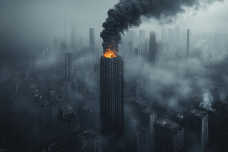 Dark smoke billows from the top of a skyscraper engulfed in flames, casting an eerie shadow over the city.の写真素材
