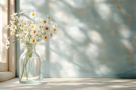 A bunch of wildflowers in a clear vase sits on a bright windowsill, casting soft shadows in the light.の写真素材