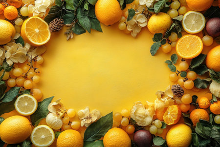 A colorful assortment of lemons, oranges, and flowers creates a bright yellow backdrop for creative projects.の写真素材