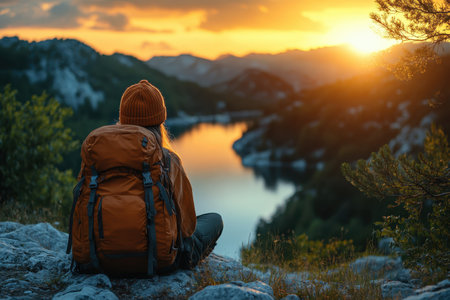 A person sits peacefully by a lake, watching the sunset reflect off the water amidst mountains.の写真素材