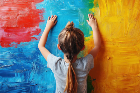 A child with a ponytail touches a brightly painted wall, engaging with colorful textures in an art space.の写真素材
