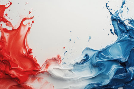 Colors of red, white, and blue blend artistically on a bright background, showing dynamic movement.の写真素材