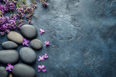 A combination of lavender blossoms and smooth stones is artfully placed on a dark textured surface.の写真素材