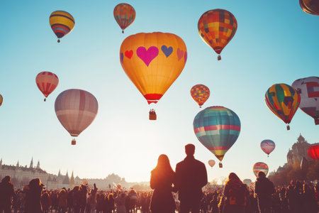 A couple stands hand in hand as hot air balloons rise against a bright sky during a festival at dawn.の写真素材