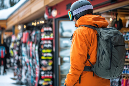 A skier in an orange jacket and helmet visits a shop filled with gear and equipment in a snowy mountain area.の写真素材