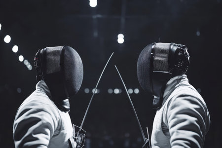 Two fencers face each other, ready to engage in a duel at a vibrant sports arena during a competition.の写真素材