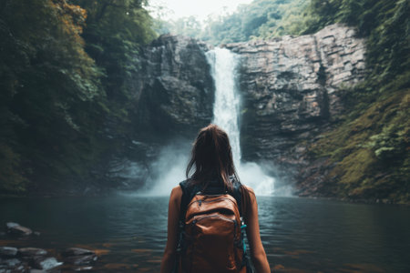 A hiker stands by a serene waterfall, surrounded by vibrant greenery and tranquil waters, enjoying nature's beauty.の写真素材