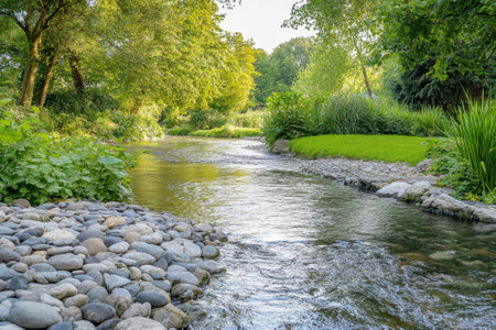 A peaceful river flows gently through a vibrant landscape, surrounded by trees and grassy banks, inviting calm.の写真素材