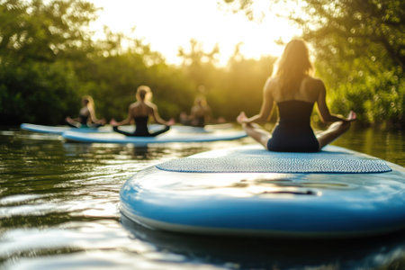 Four individuals practice meditation on paddleboards while enjoying a peaceful sunset by a lush shoreline.の写真素材