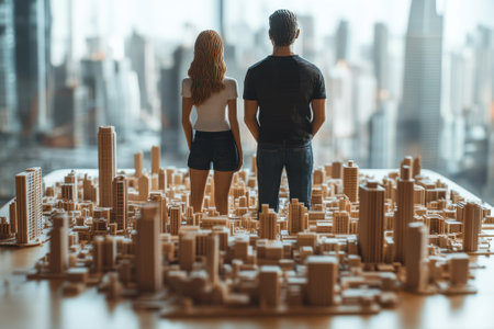 A couple stands together, gazing at a detailed representation of a city skyline from above.の写真素材