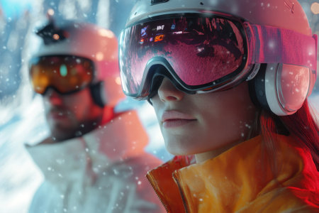 Two skiers close up, wearing helmets and goggles, ready for an exciting day on the slopes in a winter wonderland.の写真素材