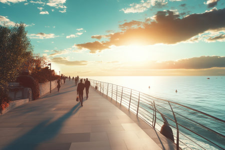 People stroll along a scenic promenade by the ocean as the sun sets, casting warm hues on the water.の写真素材