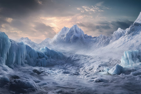 Frozen terrain features steep icy mountains and frosty valleys reflecting a dramatic sky at dusk.の写真素材