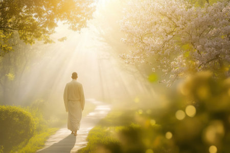 A figure walks along a peaceful path illuminated by sunlight, with cherry blossoms framing the scene.の写真素材
