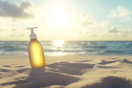 A bottle of sunscreen stands on the sand, bathed in the warm glow of the early morning sun by the ocean.の写真素材