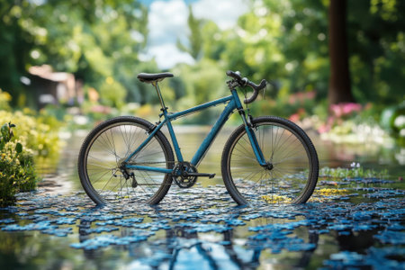A blue bicycle is positioned on colorful flowers floating in calm water under clear skies.の写真素材