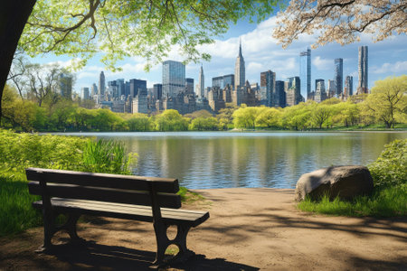 Visitors enjoy the serene waters of Central Park while admiring the vibrant city skyline nearby.の写真素材