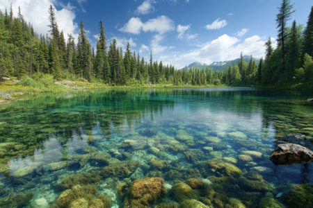 Serene mountain lake with clear water reflecting trees and blue skies, evoking a peaceful vibe.の写真素材