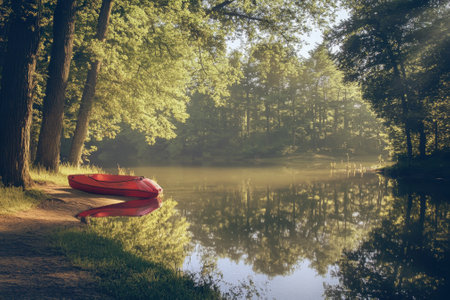 A peaceful morning at a serene lake shows a red kayak by the water, surrounded by lush green trees.の写真素材