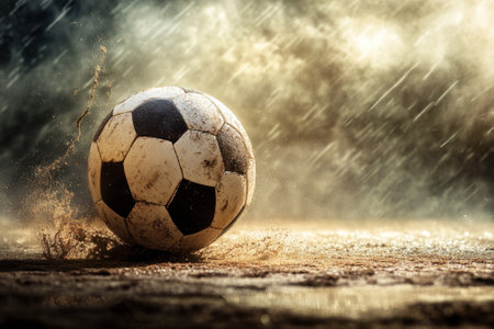 A soccer ball rolls through muddy terrain as heavy rain pours down, creating splashes and droplets.の写真素材