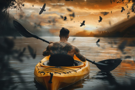 A man with tattoos rows a bright yellow kayak across a calm lake during a stunning sunset.の写真素材