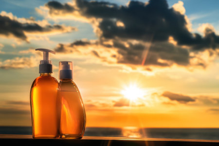 Two bottles of oil are placed on a surface as a vibrant sunset illuminates the sky.の写真素材