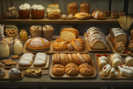 A variety of breads, pastries, and desserts arranged artfully on wooden trays in a welcoming bakery atmosphere.の写真素材