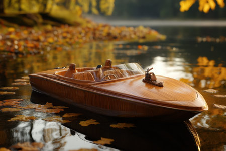 A wooden boat navigates a serene lake during autumn, surrounded by vibrant leaves and tranquil waters.の写真素材