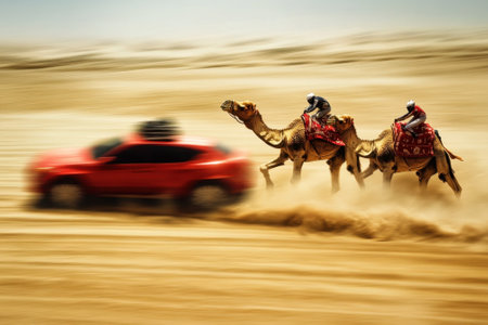 Two camels race quickly next to a red car in a vast desert, creating a dynamic and thrilling atmosphere.の写真素材