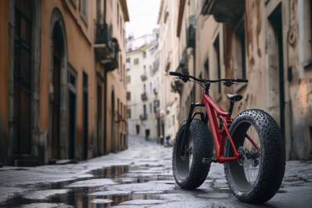 A vibrant red fat bike rests on a wet cobblestone street lined with historic buildings under cloudy skies.の写真素材
