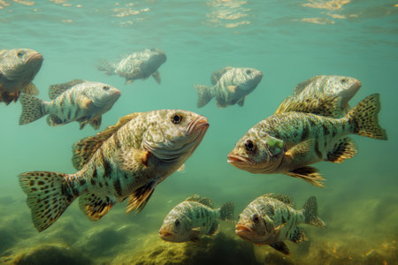A vibrant group of fish swims through a tranquil, clear water environment, surrounded by soft green algae.の写真素材