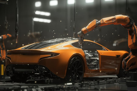 A robotic arm meticulously works on assembling an orange sports car in a modern manufacturing facility.の写真素材