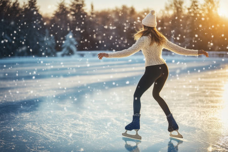 A young woman glides gracefully on an ice rink surrounded by snow-covered trees at sunset.の写真素材