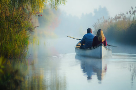 A couple paddles slowly in a small boat through a misty river at dawn, immersed in nature's beauty.の写真素材
