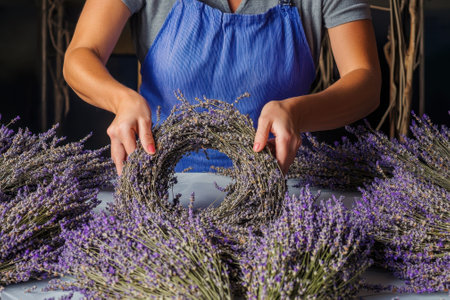 A person skillfully assembles a lavender wreath using vibrant lavender flowers at a crafting workshop.の写真素材