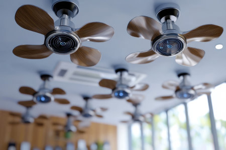 Ceiling fans with petal-like blades rotate in a contemporary cafe, providing a cool ambiance for patrons.の写真素材