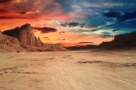 Vibrant colors illuminate the desert sky as the sun sets behind majestic rock formations in a remote location.の写真素材