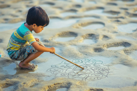 A young child uses a stick to draw in the damp sand at the beach as the sun sets, creating beautiful designs.の写真素材