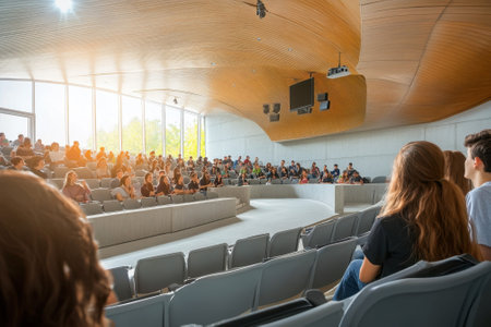 Students fill a contemporary auditorium, listening attentively to a lecture in the afternoon light.の写真素材