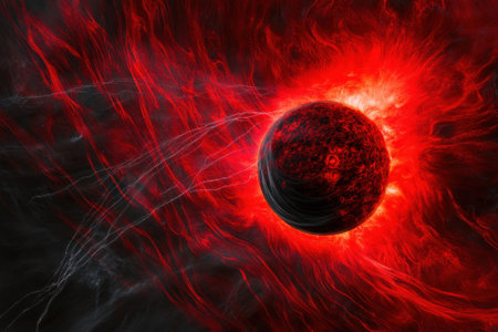 A dark planet radiates vivid red energy, surrounded by swirling cosmic clouds and fiery tendrils.の写真素材