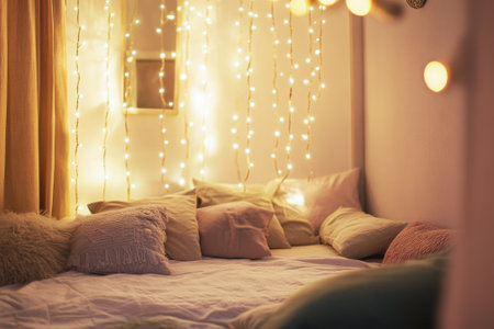 Soft lights and pillows adorn a cozy bedroom, creating a warm and inviting atmosphere for relaxation.の写真素材