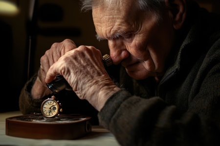 A skilled senior closely inspects an intricate pocket watch, showingcasing dedication in a quaint workshop setting.の写真素材