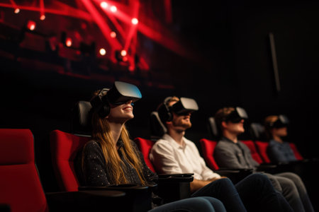 Audience members immerse themselves in virtual reality while seated in a theater.の写真素材
