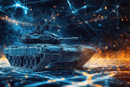 A modern tank is showcased with glowing digital lines and visual effects, creating a high-tech atmosphere.の写真素材
