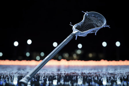 A lacrosse stick lies on a wet surface illuminated by lights at a nighttime sports event.の写真素材