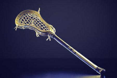A detailed lacrosse stick rests against a dark backdrop, showing its unique construction and stringing.の写真素材