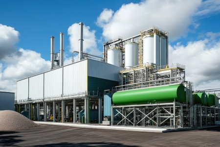 Large industrial complex featuring several storage tanks and smoke stacks on a bright day with clouds.の写真素材