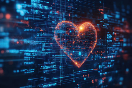 A glowing heart shape emerges from a network of digital data, symbolizing love and technology.の写真素材
