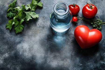 Fresh tomatoes and green herbs sit next to a clear glass of water on a kitchen countertop.の写真素材